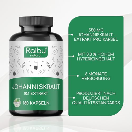 Johanniskraut Kapseln Hochdosiert - 5500 mg Johanniskraut pro Kapsel (10:1 Extrakt) - Natürliches Hypericin - 180 Kapseln, 6 Monate Vorrat - Vegan & Ohne Zusatzstoffe - Raibu