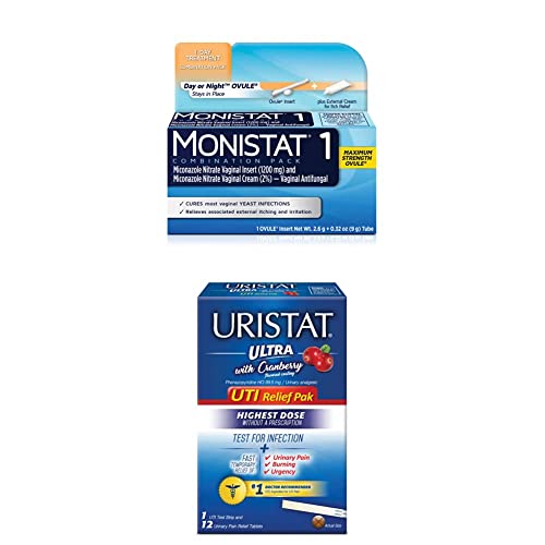 Monistat 1-Day Yeast Infection Treatment, Prefilled with Uristat Ultra UTI Relief Pak, Test for Urinary Tract Infection, Experience Urinary Pain Relief, 1 UTI Test Strip & 12 Pain Relief Tablets
