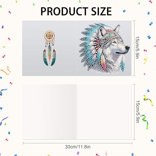 Image of 6 Pack 5D Diamond Art Greeting Cards Kit with Envelopes, Wolf with Native American Headdress Design, DIY Special Shape Diamond Painting Greeting Card for Adults, Handmade Card Craft Gift Set