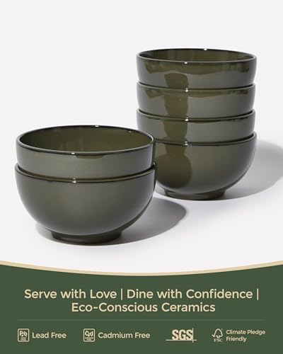 Image of Pokini 5.3 inch Stoneware Cereal Bowls Set of 6, 22 Oz Soup Bowls Set | Reactive Glaze Cereal Bowls Set for Cereal Soup Snacks, Kitchen Bowls for Meal, Dishwasher & Microwave Safe, Blackish Green