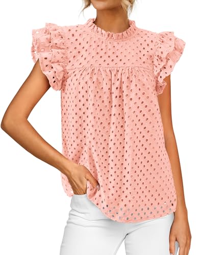 BTFBM Casual Summer Tops for Women 2025 Short Ruffle Sleeves Shirts Crew Neck Hollow Out Lace Embroidered Blouses