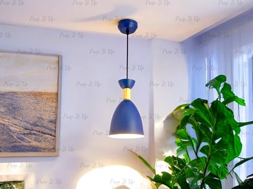 Image of Prop It Up Modern Pendant Light, Blue and Gold Metal Shade, Adjustable Height, Single Light Fixture, Without Bulb