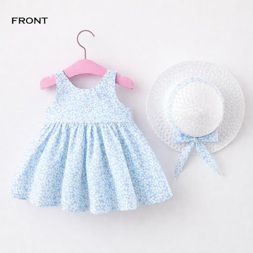 Image of Bold N Elegant Baby-Girl's Summer Sleeveless Cotton Floral Heart Print Princess Midi Dress Frock Tutu with Hat for Girls