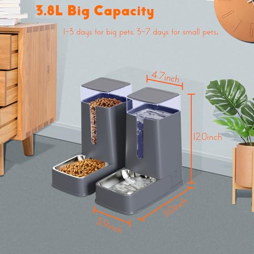 Cat Food Dispenser and Cat Water Dispenser Set with Stainless Steel Bowls Gravity Dog Feeder for Small Medium Big Cat Dog Pet Puppy Kitten, 1 Gallon x 2 - Image 3