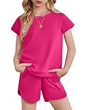 Arshiner Girls' Short Sets 2 Piece Summer Outfits Color Block Short Sleeve Shirts and Casual Shorts Set Sweatsuit
