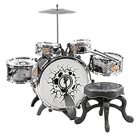 Childs Kids Drum Kit Jazz Band Sound Drums Play Set Musical Toy With Stool (Black and White)