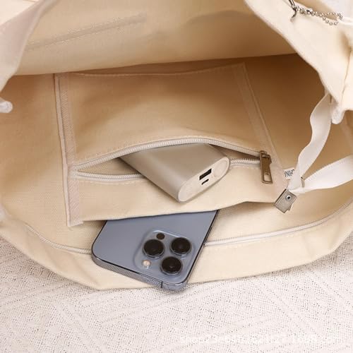 Image of Cotton Tote Handbag Women Canvas Crossbody Beach Bag Hobo Shoulder Tote Bag with 3 External Pocket,Zipper Closure