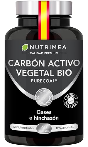 Carbón Activo Vegetal BIO 100% Natural - Gases, Hinchazón y Digestión - 95% de Carbono Alta Adsorción - 60 Cápsulas Veganas - Nutrimea