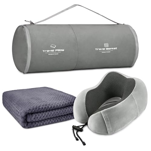 urnexttour Travel Pillow and Blanket Set Neck Pillow Airplane Memory Foam for Traveling Compact with Bag Grey