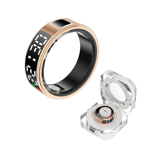Xmipbs Smart Ring Fitness Sleep Health Tracker Rings for Men Women, LED Display Smart Ring Health Tracker Heart Rate, Blood Oxygen, Sleep & Step Monitor, No Subscription, IP68 Waterproof Gold 8