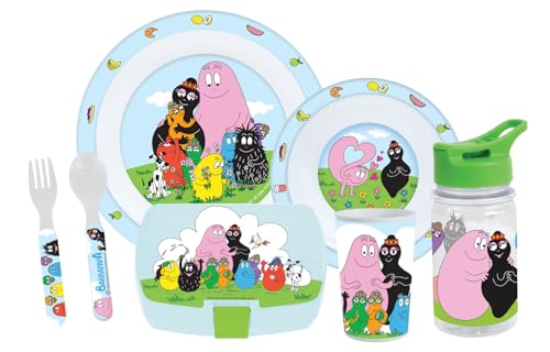 FUN HOUSE | Set Complet Boite Repas Barbapapa Pour Enfant | 1 Verre, 2 Assiettes + Couverts + Gourde et Boite Goûter | Licence Officielle | Réutilisable et...