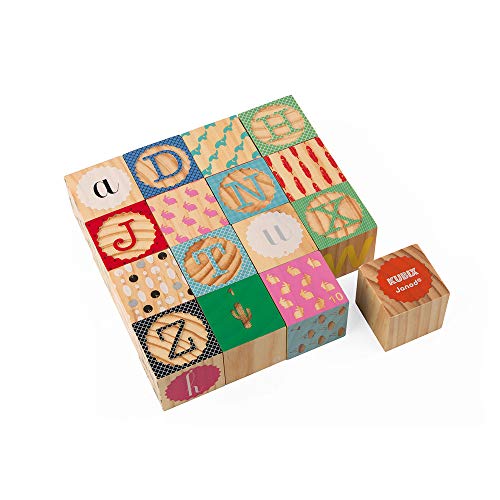Image of Janod Kubix 16 Wooden Alphabet and Numbers Blocks - Ages 2+ - J08078