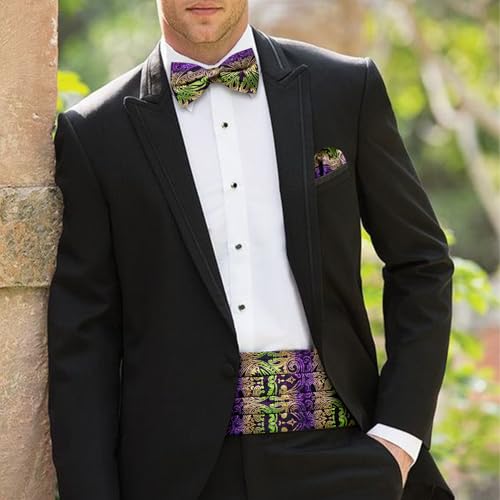 Image of YOHOWA Men Cummerbund Bow Tie Set Silk Paisley Formal Pre-Tied Bowtie Pocket Square Cufflinks Wedding Party Prom
