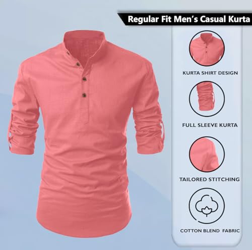 Image of Zombom Men's Solid Cotton Polyester Blend Casual Regular Fit Mandarin /Chinese Collor Full Sleeve Kurta Shirt for Men