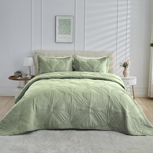 Image of Kingnex Oversized King Bedspreads 128x120 Ultrasonic Quilted Sage | Extra Wide Coverlet for Tall Split King Adjustable Bed or Cal King Size, 3 Piece Include 1 Quilt, 2 King Size Pillowcases