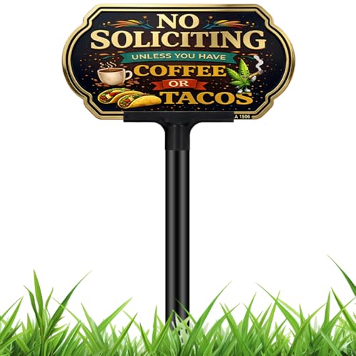 Image of Funny No Soliciting Sign for House with Adjustable 37 inch Stake, Coffee and Tacos Welcome Private Property Sign for Yard, 10x5 inch Rust-Free Aluminum, UV Protected & Weatherproof for Housewarming Gift