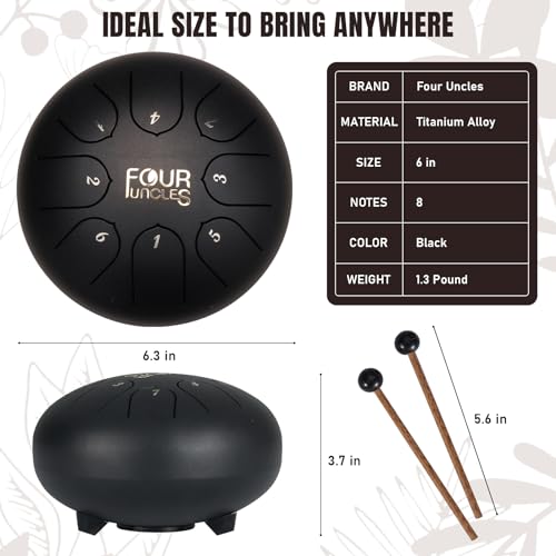 FOUR UNCLES Steel Tongue Drum 6 Inch 8 Notes Hand Pan Drums with Travel Bag Sticks Music Book Mallets, C Major Musical Instruments for Entertainment Meditation Yoga Zen Gifts (Black) - Thumbnail 4