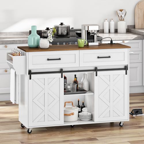 HOOBRO Kitchen Island with Power Outlet Rolling Kitchen Island with Barn Doors Kitchen Cart on Wheels Kitchen Island Table with Drawers Open Shelves for Kitchen White and Walnut WH28UZD01