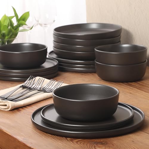 Image of Gibson Elite Bayou Moon Plates and Bowls Sets, 16-Piece Black Matte Stoneware Dinnerware Sets, Solid Color Reactive Glaze Dish Set