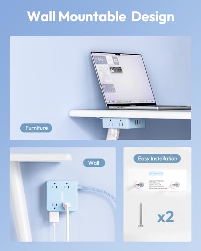 5 FT Blue Extension Cord, Power Strip with 8 Outlets 3 USB Ports, 3 Prong, Wall Mount Flat Plug Outlet Extender for Home Office, WideCube - image 4