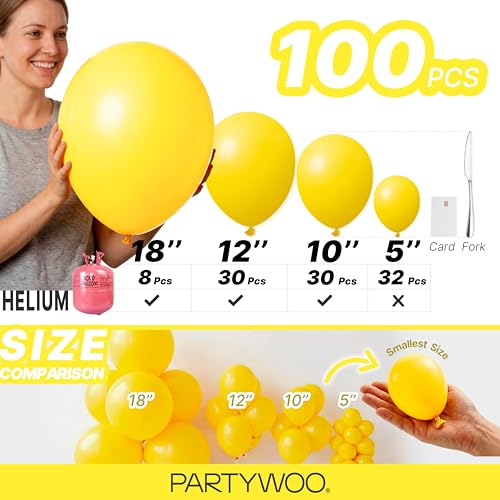 Image of PartyWoo Yellow Balloons 100pcs Different Sizes of 18 12 10 5 Inch Matte Yellow Latex Balloon Arch Kit Garland for Easter Bee Baby Shower Sunflower Birthday Graduation Party Decorations Yellow-Y55