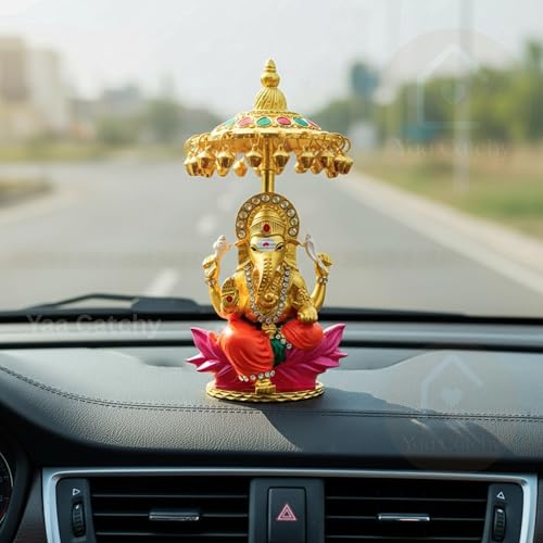 Image of Lord Ganesha Car Dashboard Idol & Crystal Stones Hindu God Ganpati.Believed to Protect and Bless Travelers on Their Journeys. (Umbrella Colour)