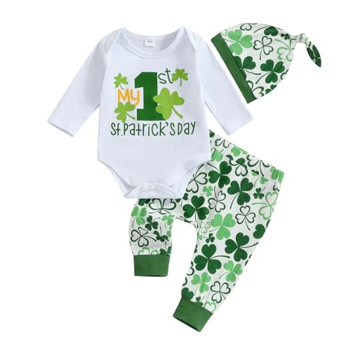Kuriozud St Patricks Day Baby Boy Outfit First St Patricks Day Romper and Shamrock Pants Set with Hat 3Pcs Spring Clothes 6-12 Months, 1st Patricks Day white