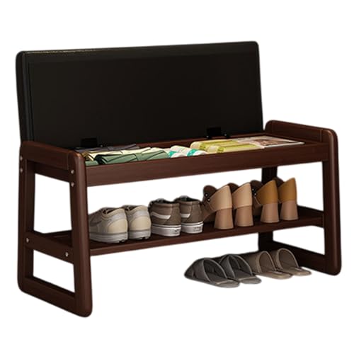 Vttui Pequeño Banco Zapatero – Banco de Entrada de Madera Maciza de 2 Niveles – Zapatero con Cubiertas – Armario Zapatero de Almacenamiento – con Cojín – para Salón y Pasillo(Size:80cm,Color:Negro)