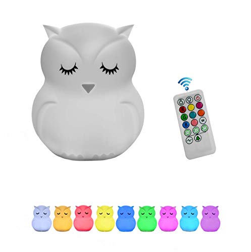 Night Lights for Kids, Remote Control and Tap Control Night Light with Soft Silicone Cute Owl Rechargeable 9-Color Dimmable Night Light for Nursery, Bedroom, Living Room