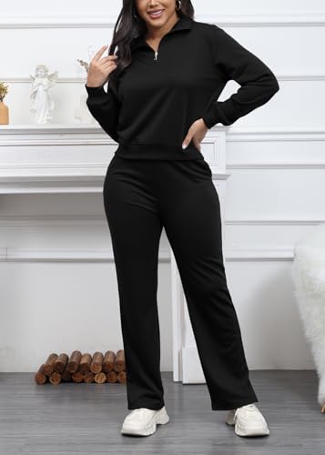 MOEENCN Women 2 Piece Outfits Sweatsuit Oversized Half Zip Sweatshirt Wide Leg Sweatpant Casual Lounge Matching Set Tracksuit3