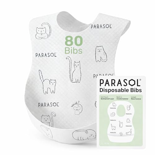 PARASOL Disposable Bibs Soft-Absorbent Top Layer with Leak-Resistant Waterproof Backing Built-In Crumb Catcher Hypoallergenic Disposable Bibs for Toddlers and Babies 4 Boxes (20 Each) 80 Count