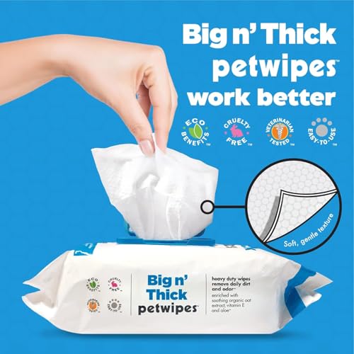 Image of Petkin Big n' Thick Petwipes for Dogs and Cats, Wipes Away Daily Dirt and Odor, Cleans Face, Ears, Body and Eye Area, Super Convenient, Ideal for Home or Travel 100 Wipes | Big N Thick Pet Wipes
