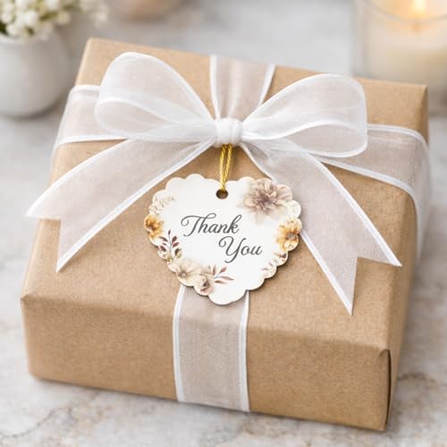 Image of CVANU Heart Shaped Thank You Tags 100-Pcs with Golden String, Floral Design Gift Tags for Wedding Favors| Birthday Party| Small Business Packaging (2.16x2.36 inch) D6
