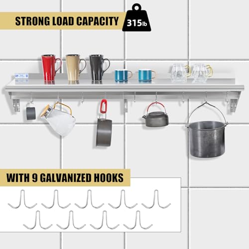 Image of Hally Stainless Steel Shelf with 9 Hooks 12 inch x 60 inch Wall Mounted Pot Rack 315lb, NSF Commercial Floating Shelving for Storage Hanging Pots, Pans, cookware in Restaurant, Kitchen, Home and Hotel