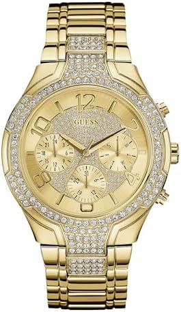 GUESS Women's Gold-Tone Stainless Steel Crystal Embellished Bracelet Watch with Day, Date + 24 Hour Military/Int'l Time. Color: Gold-Tone (Model: U0628L2)