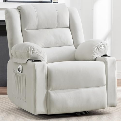 Swivel Rocking Recliner Chair with Massage and Heat,Oversized Rocker Recliner for Adults, Upholstered Fabric Reclining Single Sofa Chair for Living Room,Nursery (Beige)