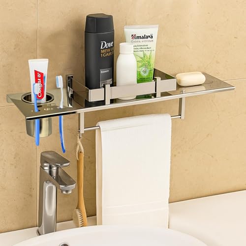 Image of Zureni 4-in-1 Shelf Rack for Bathroom 304 Grade Stainless Steel Towel Hanger Soap Dish Toothbrush Holder Multipurpose Wall Mount Accessories Storage Stand Home Washroom (1 Pc, 18 inchx5 inch, 1008)