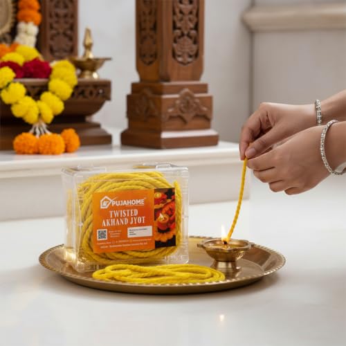 Image of Twisted Akhand Jyot Batti, Special Long Akhand Jyot Cotton Wicks Batti for Diya Mandir Pooja Oil Lamp | Cotton Akhand Jyot Batti Yellow for All Puja and Akhand Jyot (Pack of 12 Wicks, Yellow)