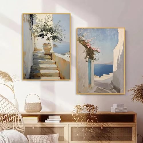 GOSRD Architektur Griechische Insel Olivenbaum Landschaft Poster Leinwand Malerei Wandkunst Bilder Home Interior Decor 19,6 x 27,5(50x70cm) x2 Kein Rahmen