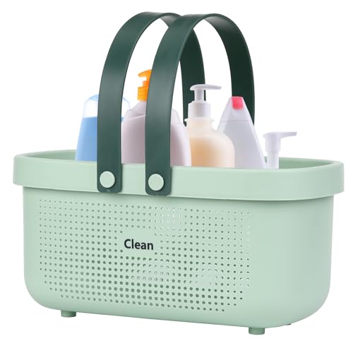 Image of Laigoo Green Shower Caddy Basket Plastic Storage Basket with Handles Storage Bins Shower Storage Organizer for Bathroom, College Dorm, Kitchen, Bedroom, Gym