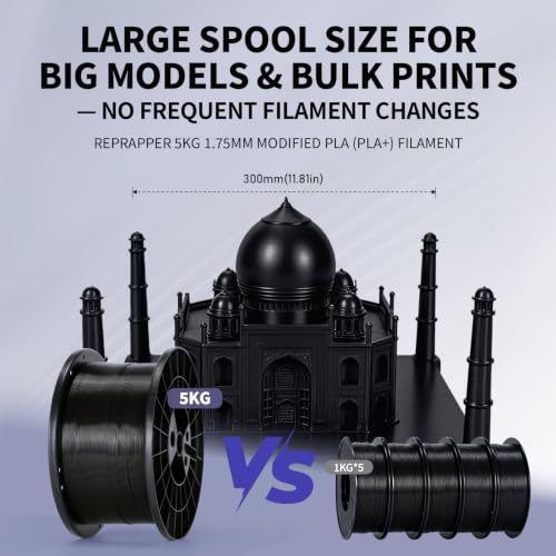 Image of RepRapper Black 5KG PLA+ (PLA Plus) 1.75mm 3D Printing Filament,Large Spool | Extra Strong,MPLA (Modified PLA),Large Spool for 3D Printer,Tough&Impact Resistant,±0.03mm Accuracy,11lbs (5kg)