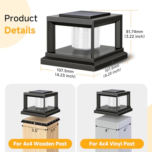 FOLKSMATE Solar Post Cap Lights 12 Pack, 2 Lighting Modes Cool/Warm White Outdoor Solar Powered, Waterproof Fence Deck Lights for 4×4 3.5×3.5 Wood Vinyl Posts, for Garden Patio Porch Decor, Black by FOLKSMATE - Used condition - Image 3