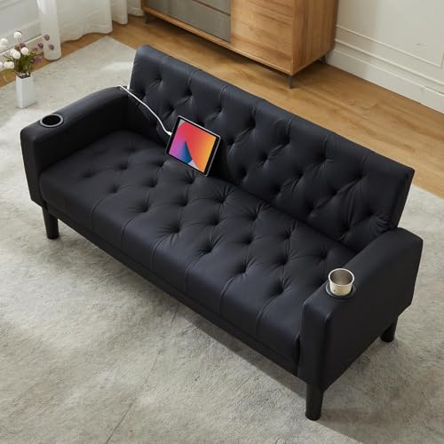 GRAVFORCE Sofa 2 Sitzer Couch mit 2 Ladeports und 2 Becherhaltern 157cm 2er Sofa Klein für Jugendzimmer, Wohnzimmer, Wohnung, Büro, Einfache Montage Kunstleder Schwarz