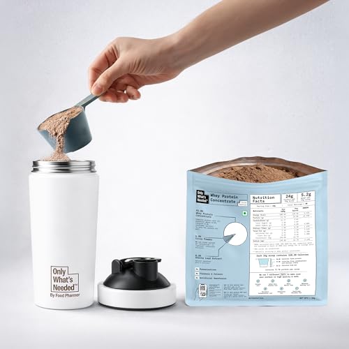 Image of ONLY WHAT'S NEEDED By Food Pharmer - Cocoa Edition | Whey Protein Concentrate 1kg | 24g per scoop + Metal Shaker 750ml | Stainless Steel | BPA-Free Cap