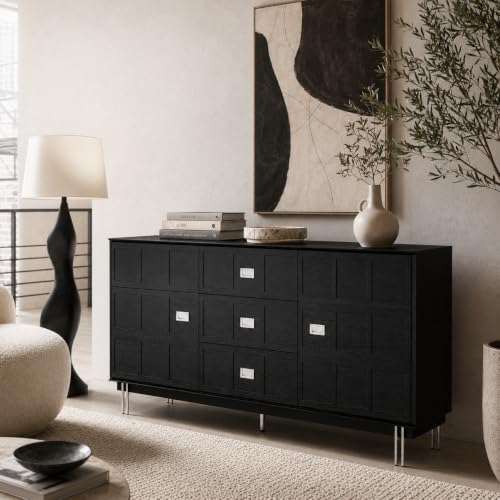 PREMTURE Aparador Negro 160cm con Frente en Relieve Cuadriculado – Cómoda con 3 Cajones, 2 Puertas & Patas Metálicas Plateadas, 80kg – Bufet para Salón & Comedor, 160×83×40cm