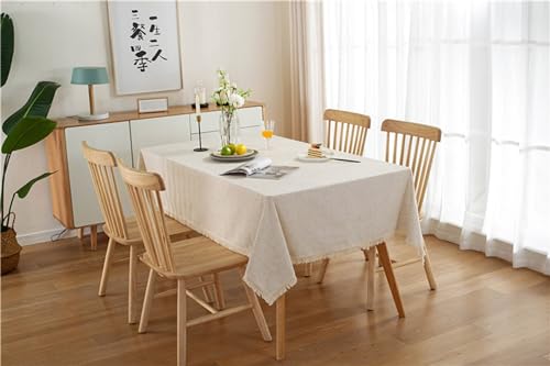 Nappe rectangulaire lavable anti-tache beige en polyester solide avec pompons pour table basse