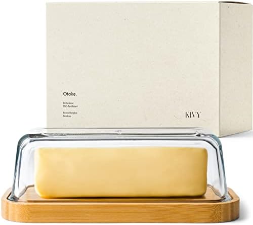 KIVY Glass butter dish with lid for countertop and refrigerator door shelf - Butter holder for counter - Covered butter dish glass - Butter tray with lid - Butter dishes - Butter box with bamboo lid