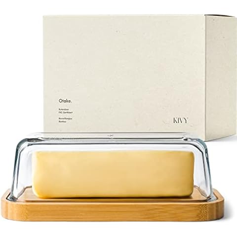 KIVY Glass butter dish with lid for countertop and refrigerator door shelf - Butter holder for counter - Covered butter dish glass - Butter tray with lid - Butter dishes - Butter box with bamboo lid Cover