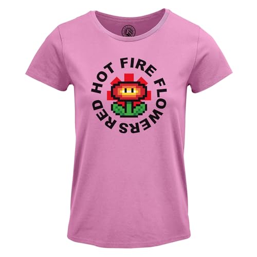 T-Shirt Retro Gaming Femme Fire Flowers en coton respirant et motif pop art