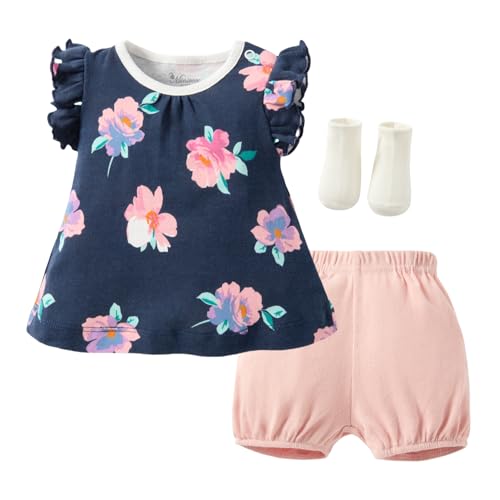 Baby Girl Short Sets 0-24 Months,3-Piece Short-Sleeve Dress, Shorts & Socks,Soft Cotton, Breathable Summer Outfits